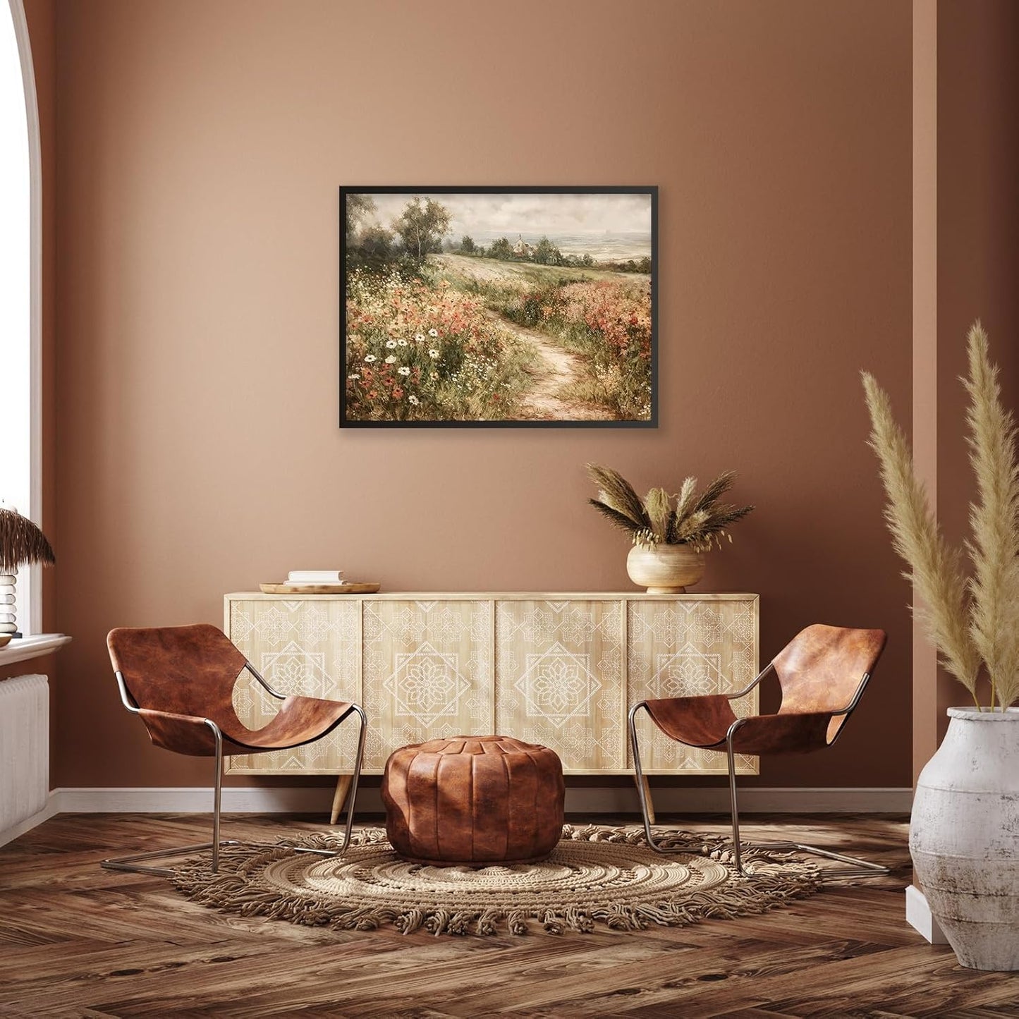 Landscape Wildflower Wall Art Nature Botanical Floral Posters Retro Cottagecore Plant Paintings Canvas Prints 16x24 inch Black Framed for Farmhouse Living Room Wall Decor