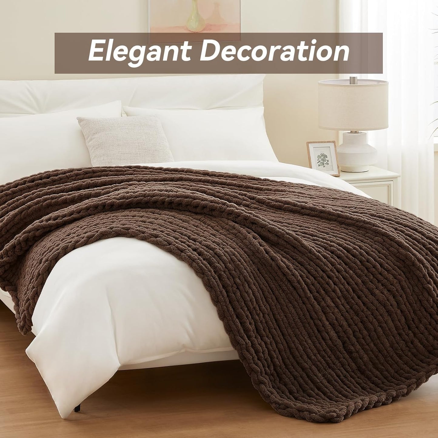 Chunky Knit Throw Blanket, 60''*80'' Knitted Throw Chenille Yarn for Bed Couch, Handmade Dark Brown Crochet Big Thick Blanket, Machine Washable Cute Comfy Blanket for Home Decor