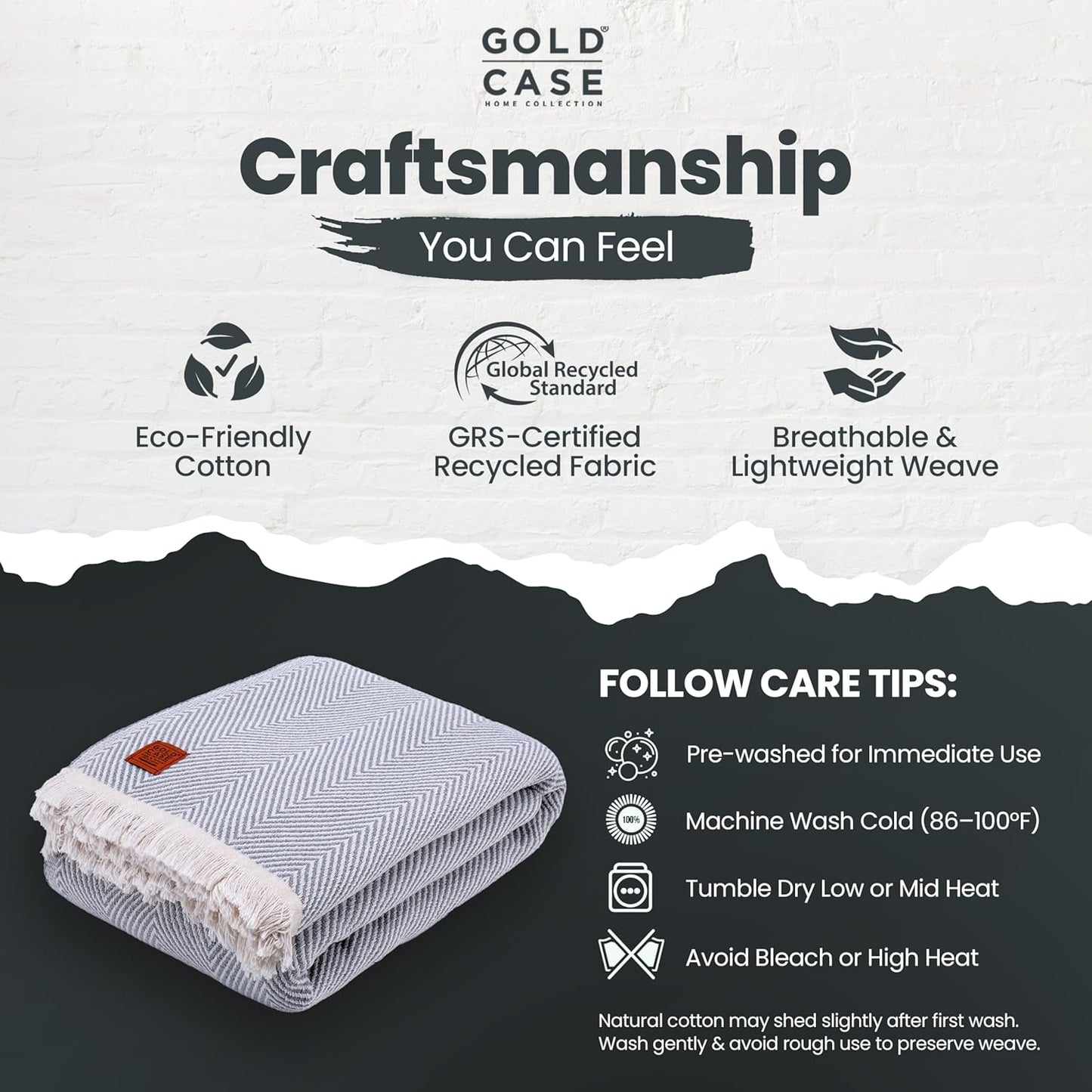 Gold Case Throw Blanket for Bed - 100% Recycled Turkish Cotton Blanket - Elegant Lightweight Soft Throw Blankets for Bed & Living Room - Twin Size Cozy Blankets - 71x90 - Grey