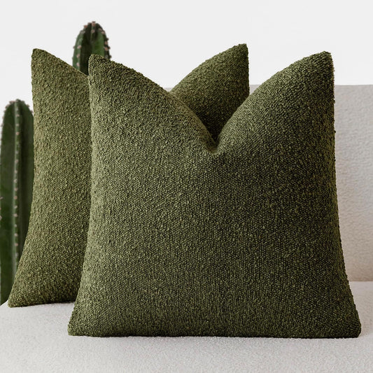 Foindtower Set of 2, Decorative Textured Boucle Throw Pillow Covers Accent Solid Pillow Cases Neutral Soft Cozy Couch Cushion Case for Chair Sofa Bedroom Living Room Home Decor 26x26 Inch Moss Green