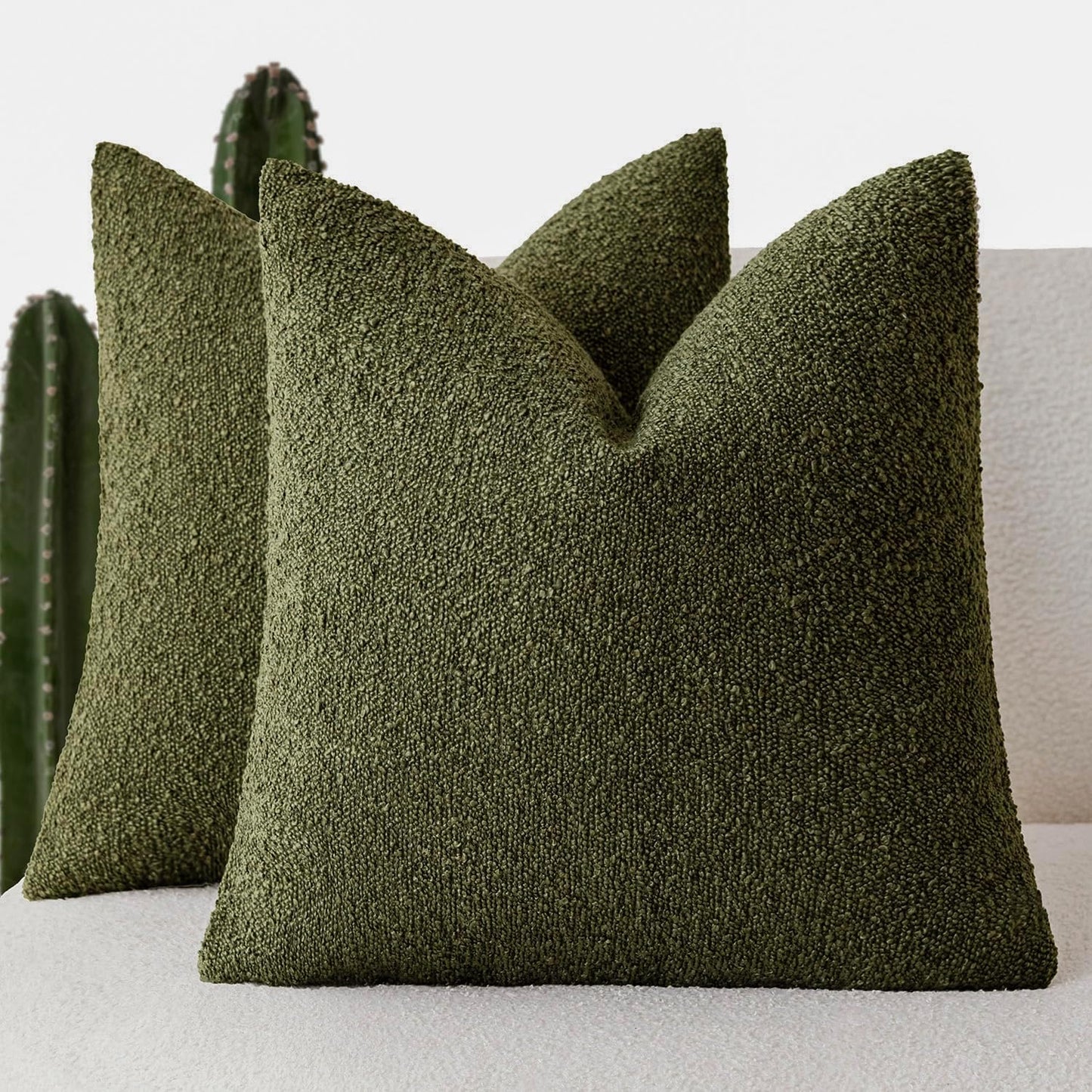 Foindtower Pack of 2 Textured Boucle Throw Pillow Covers Accent Solid Pillow Cases Cozy Soft Decorative Couch Cushion Case for Chair Sofa Bedroom Living Room Home Decor 18x18 Inch Moss Green