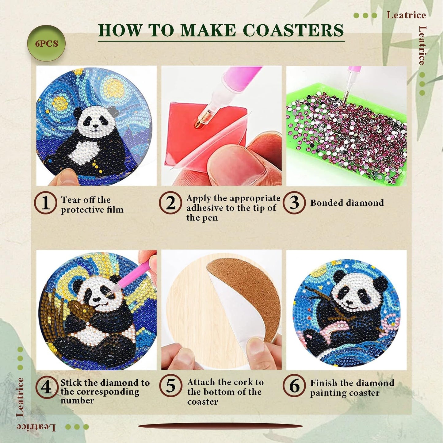 Leatrice 6PCS Panda Diamond Art Coasters Small Diamond Painting Kits for Adults Diamond Dots Round Full Drill Diamond Coasters with Holder Easy Art Crafts for Beginners Women Gifts
