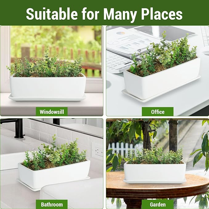 MyGift 14 Inch Ceramic Indoor Plant Pot with Drainage Hole, Rectangular Succulent Planter Window Box with Removable Saucer, Unglazed White