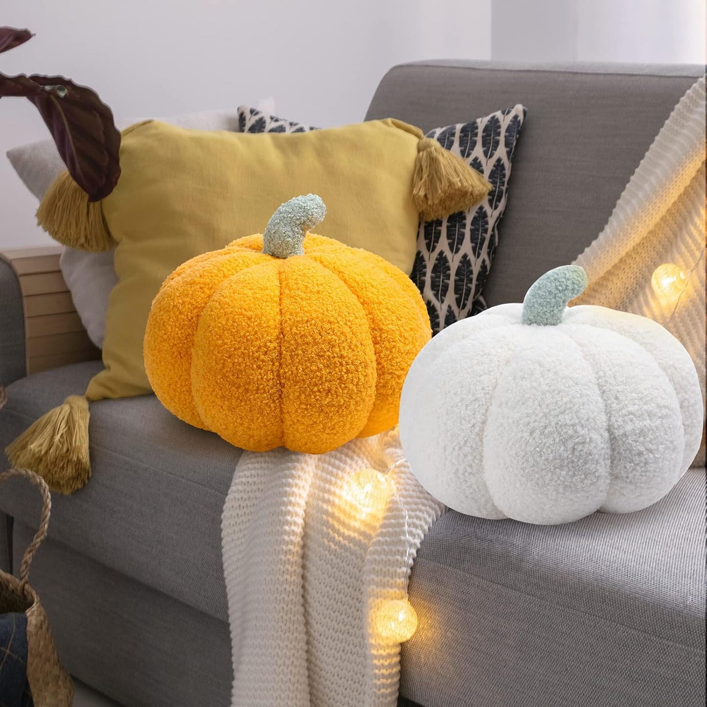 Kajaia 2 Pcs Simulated Pumpkin Pillow Plush 11 x 9.5 Inch 3D Cushion Fall Decorations Stuffed Throw Pillows Toy for Thanksgiving Christmas Halloween Bedroom Sofa Couch Supplies (White,Yellow)