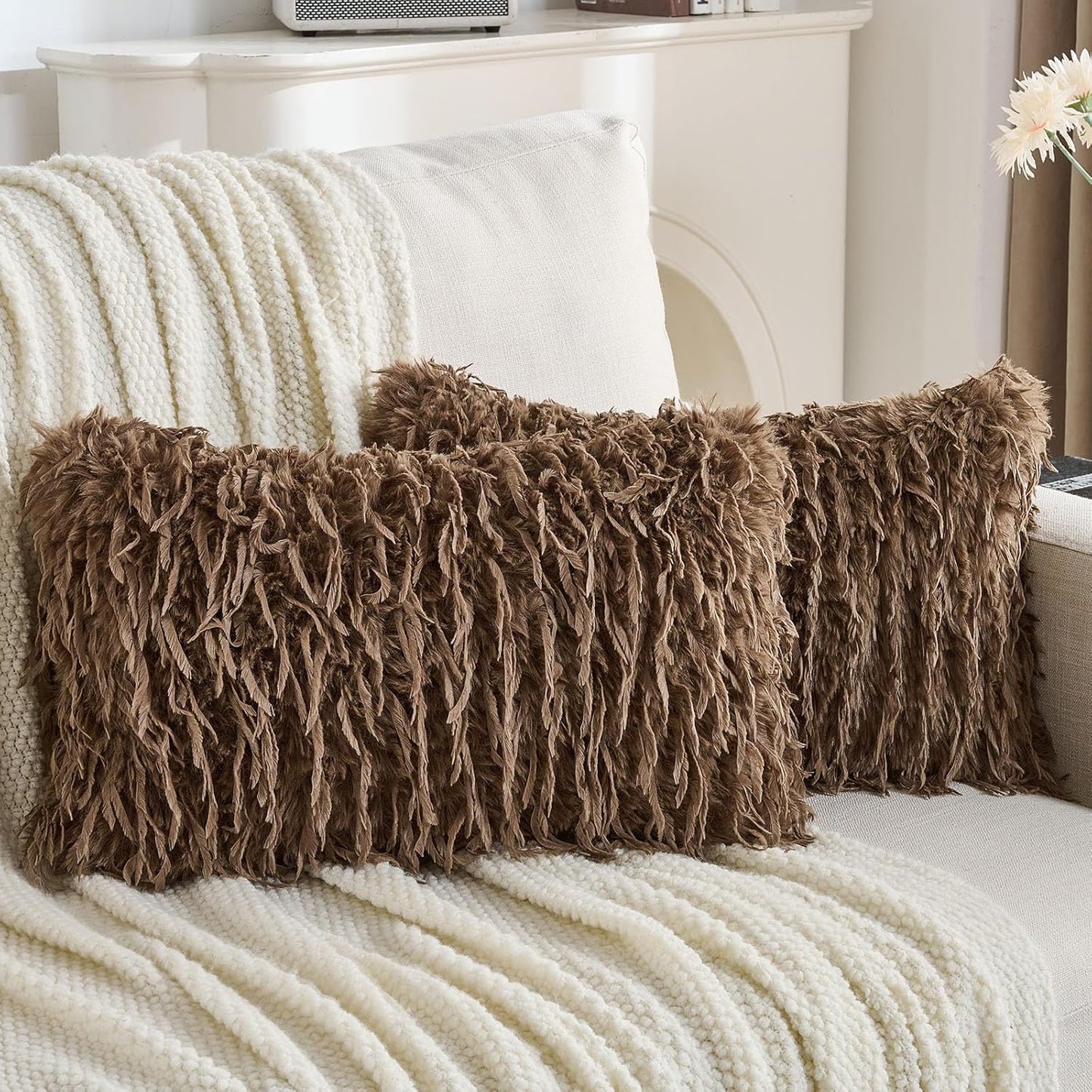 FUTEI Brown Decorative Throw Pillow Covers 12x20 Inch Set of 2,Soft Fluffy Faux Feather Texture Lumbar Pillow Cases,Modern Home Luxury Decor for Couch Bed Living Room