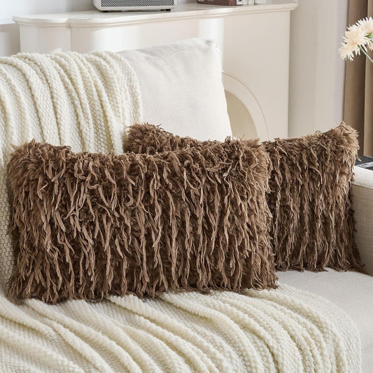 FUTEI Brown Decorative Throw Pillow Covers 12x20 Inch Set of 2,Soft Fluffy Faux Feather Texture Lumbar Pillow Cases,Modern Home Luxury Decor for Couch Bed Living Room