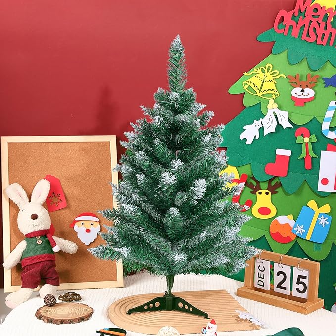 2Ft Artificial Christmas Tree Green Tabletop Christmas Tree with Flocking Snow Frost Tips Plastic Stand Mini Xmas Pine Tree for Party Supplies Indoor Outdoor Holiday Home Decoration