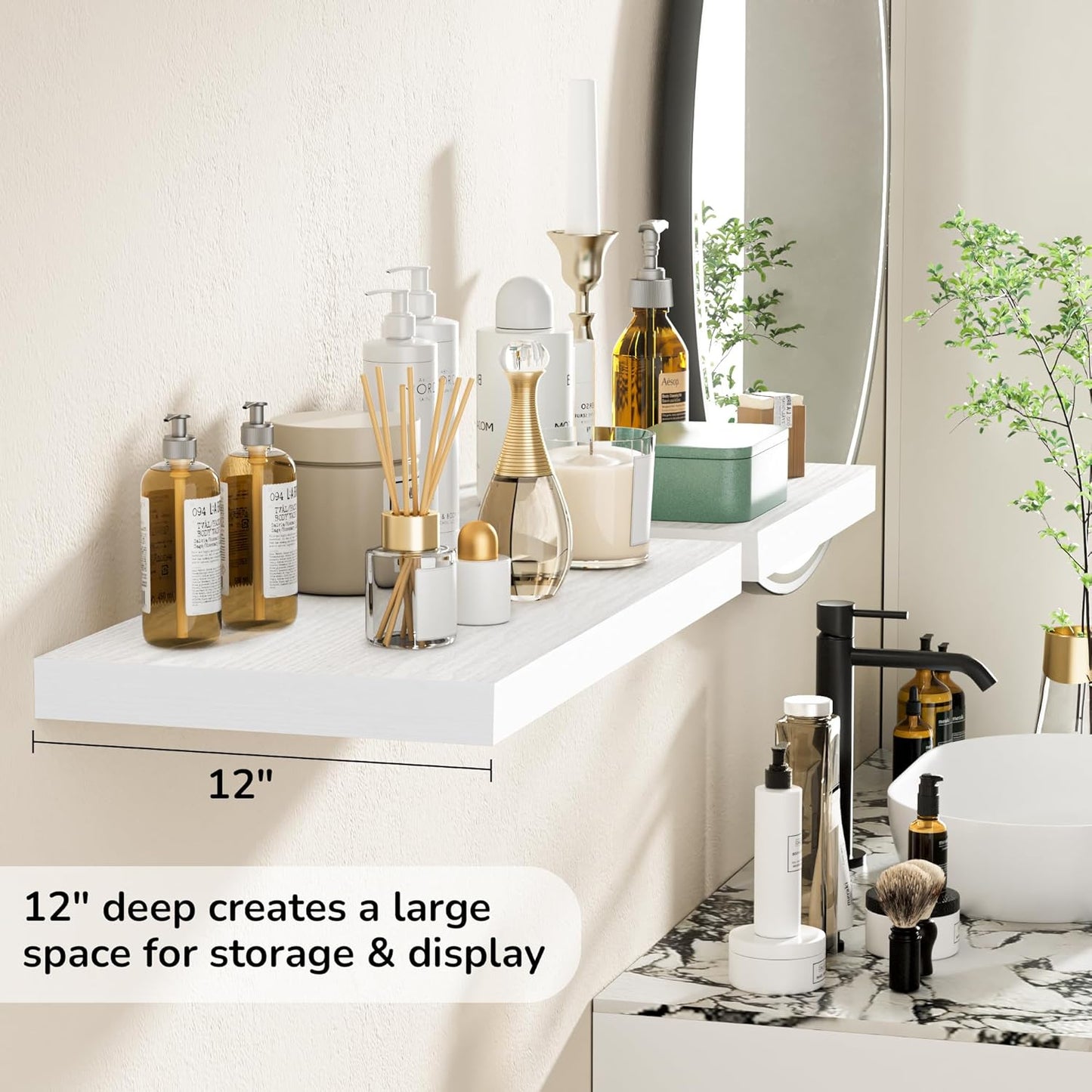 Fun Memories Floating Shelves - 2 Pack 12 Inch Deep Rustic Wooden Wall Shelves - Extra Deeper & Thicker Wall Mounted Storage Shelf for Living Room, Kitchen, Farmhouse - 24" W x 12" D x 1.5" H - White