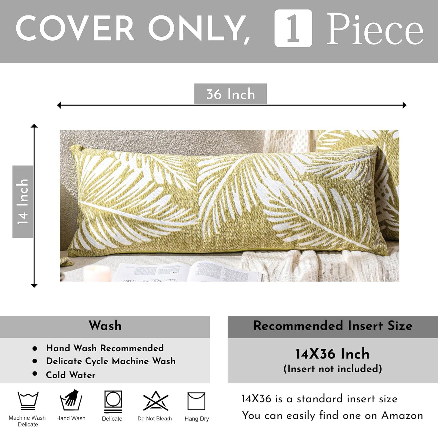 BlissBlush Green Boho Lumbar Throw Pillow Cover 14X36, Decorative Long Accent Body Lumbar Pillow for Bed, Farmhouse Woven Textured Lumbar Pillowcase for Couch (Cover ONLY)