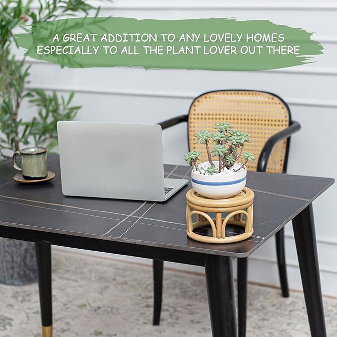 Set of 2 Small Boho Rattan Wicker Round Riser Plant Stand Indoor,Rustic Farmhouse Natural Wooden Circle Pedestal for Decor & Display, Tabletop, Office Decor