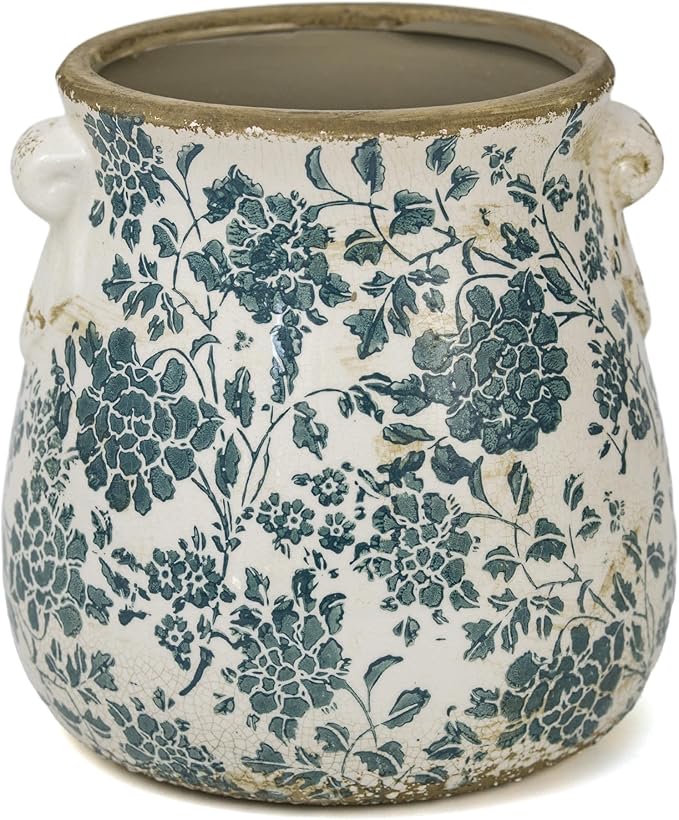 Teal Ceramic Pot for Planter, Vintage Flower Pot with Drainage Holes, 6.3 inch Ice Crack Glazed Indoor Planters Pot with Handle (Cyan)