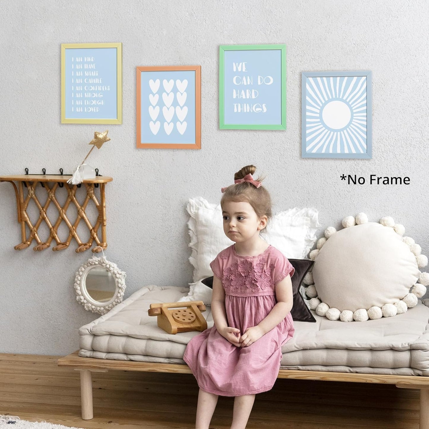 I am Kind Brave Smart Affirmations Blue Sun Sunshine Hearts Poster Prints for Girls Kids Room Playroom Decor,Girl Nursery Decorations Prints Wall Art Unframed 4pcs 8x10inches,Girls Kids Gifts