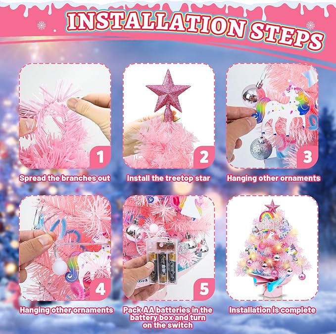 2FT Pink Mini Christmas Tree with Unicorn Theme - 24 Inch Tabletop Artificial Tree with Warm LED Lights, Star Topper, DIY Ornaments, Small Xmas Tree Holiday Decoration for Kids, Family, Home, Office