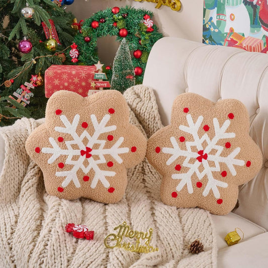 Lanpn Christmas Gingerbread Snowflake Pillows Set of 2, Christmas Decoration Winter Throw Pillows Soft 3D Shaped Ginger Bread Snow Flake Throw Cushion for Sofa Bedroom Xmas Decor (15x15 inch)