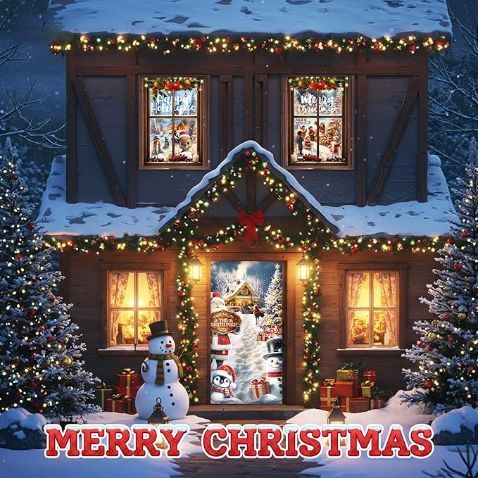 Tioncy 3 Pcs Merry Christmas Door Decorations Set 71" x 35" Christmas Door Cover 47" x 32" Window Cover Santa Claus Snowman Winter Reindeer Pattern Porch Banner Indoor Outdoor Themed Decoration