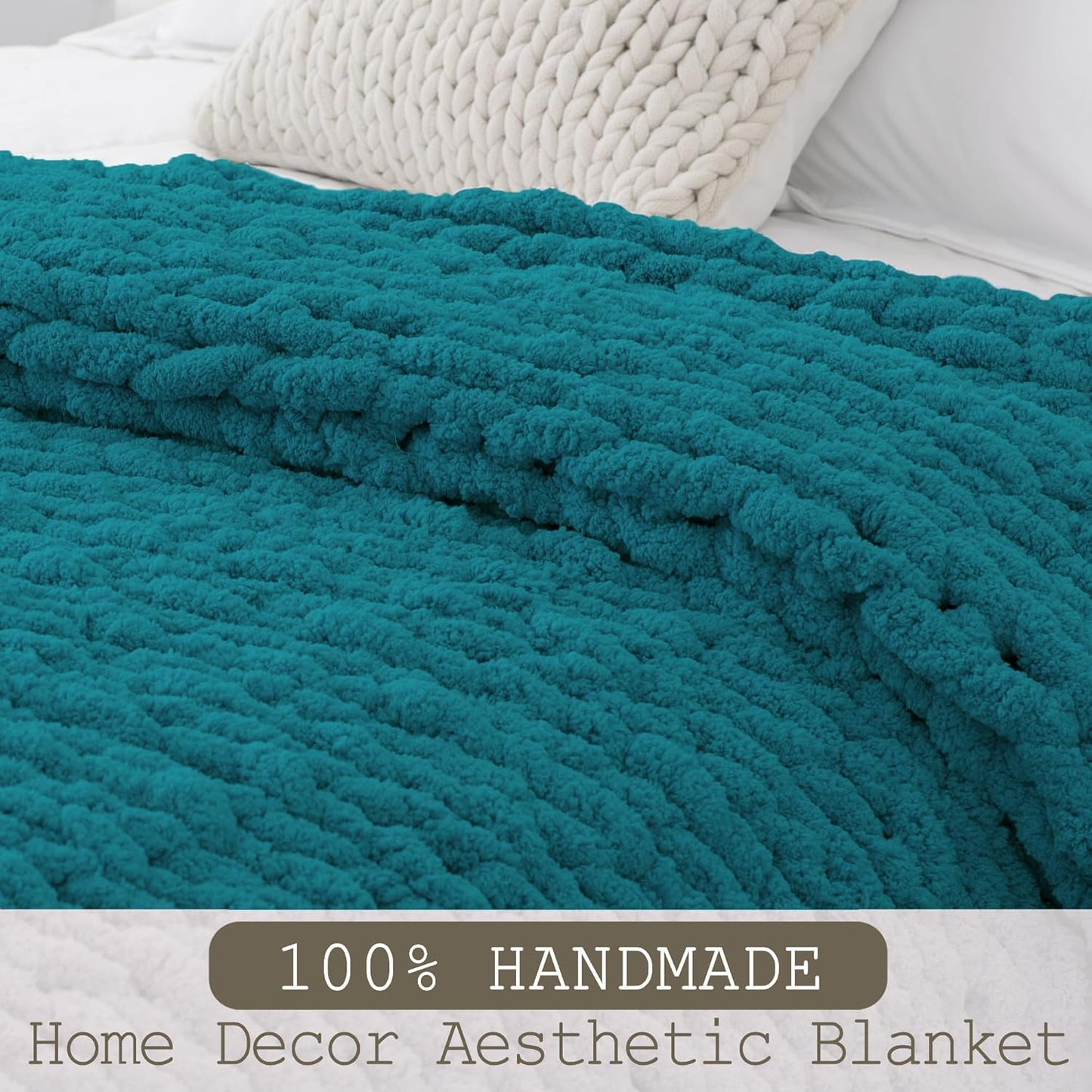 Chunky Knit Throw Blanket 60"X 80", 100% Handmade with Soft Chenille Yarn, 6.7lbs Thick Cable Knitted Blankets, Large Rope Knot Crochet Throws for Couch Sofa Bed Home Decor, Teal