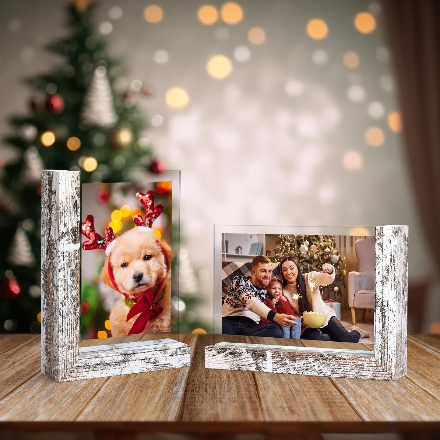 Lavezee 4x6 Picture Frames Set of 2, Double Sided Frame with Distressed White L Shaped Holder Stand for 4 by 6 Photo Art, Desktop or Tabletop Decor