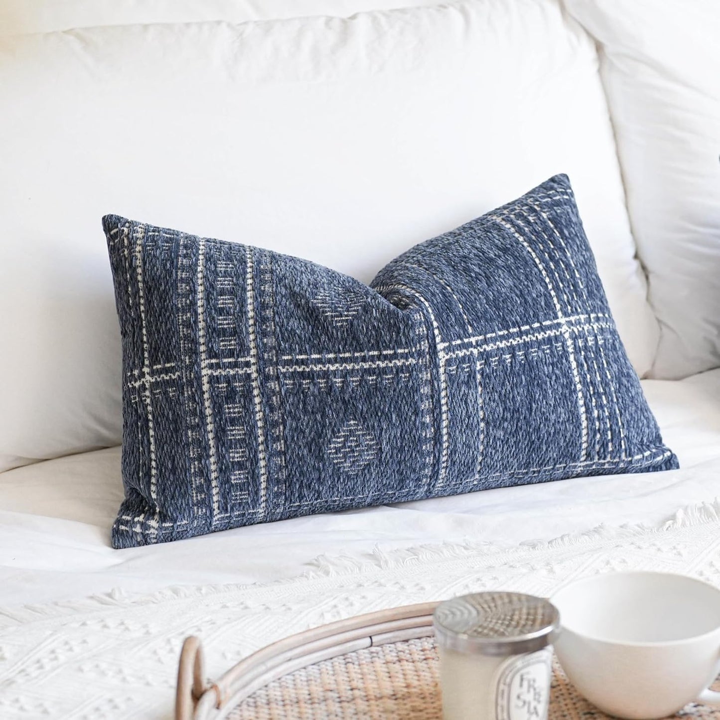 BlissBlush Dark Blue Decorative Lumbar Throw Pillow Covers 12X20, Set of 2, Boho Farmhouse Cushion Cover, Soft Accent Pillowcase for Couch Sofa Bed Living Room Home Décor