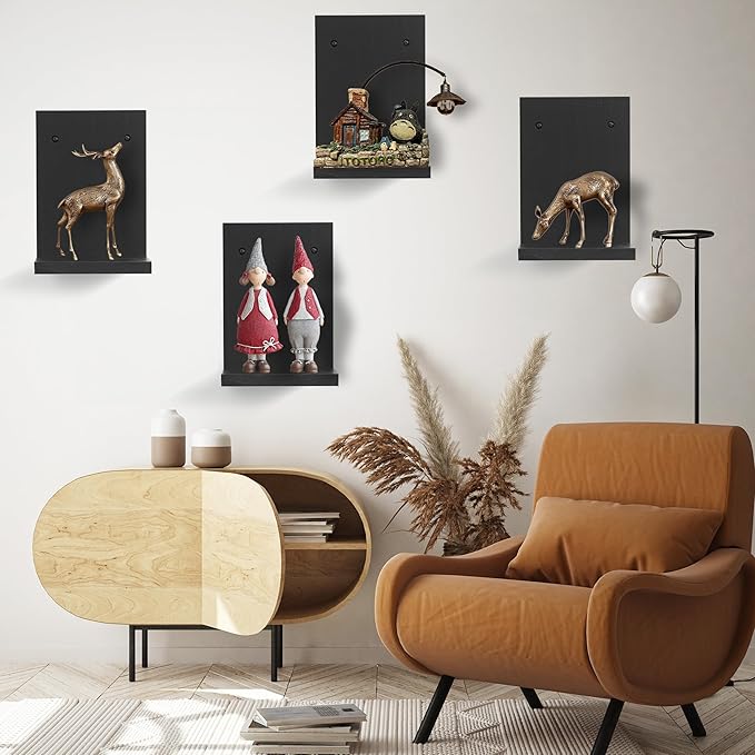 Small Wall Shelf,L-Shaped Small Floating Shelves for Plants Speaker Table Lamp Display,Wooden Ledges Indoor Modern Midcentury Decorative for Gallery Living Room Bedroom Porch,Pine,2 Pack(Black)