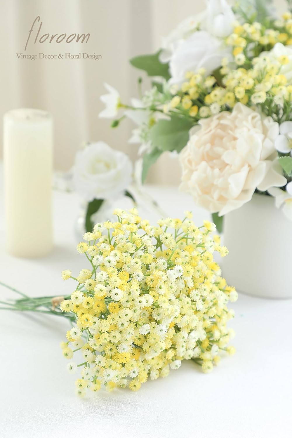 Floroom 18pcs Artificial Babys Breath Gypsophila Greenery Sprays, Real Touch Canary Yellow Fake Flowers for Wedding Bouquets Centerpieces Floral Arrangements and Decorations