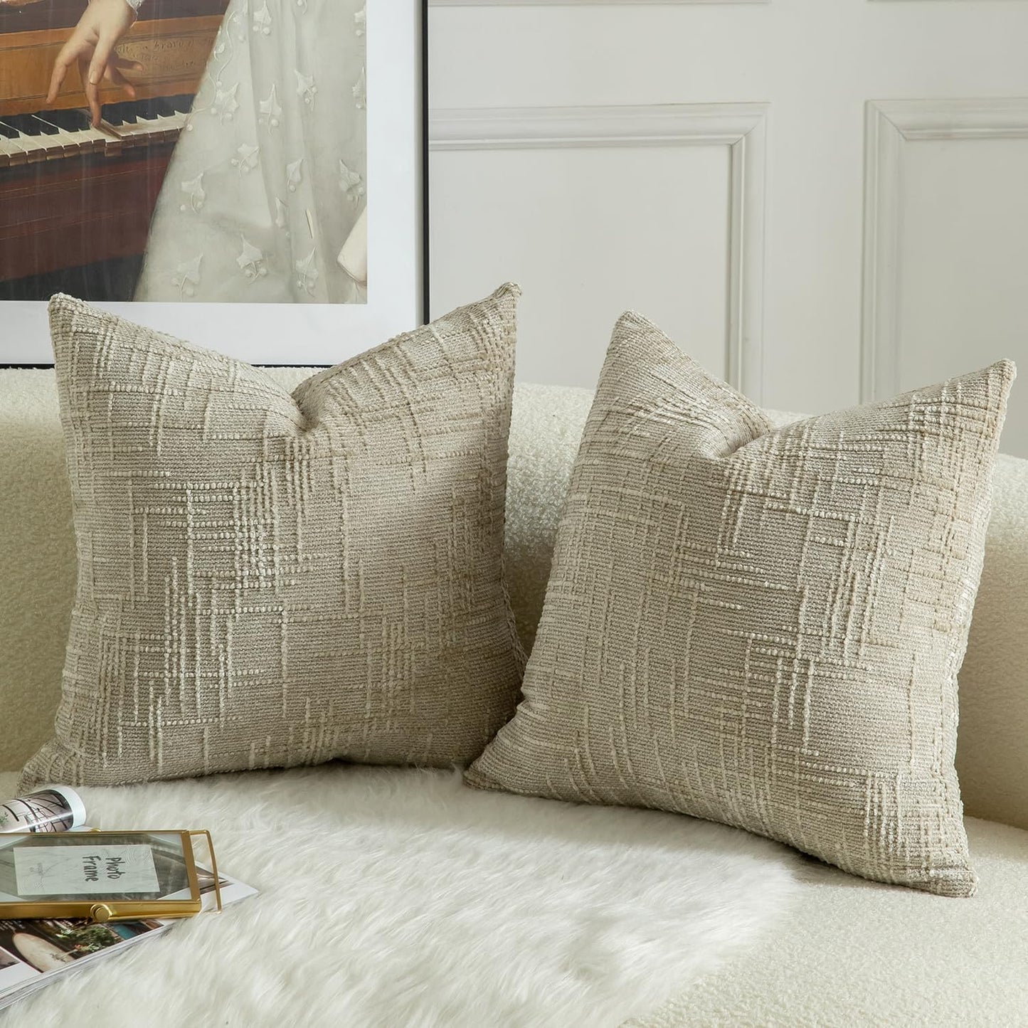 MANDIOO Pack of 2 Soft Chenille Textured Throw Pillow Covers Square Accent Solid Decorative Cushion Cover Cozy Farmhouse Pillow Case for Couch Sofa Bed Living Room 16x16 Inch Khaki