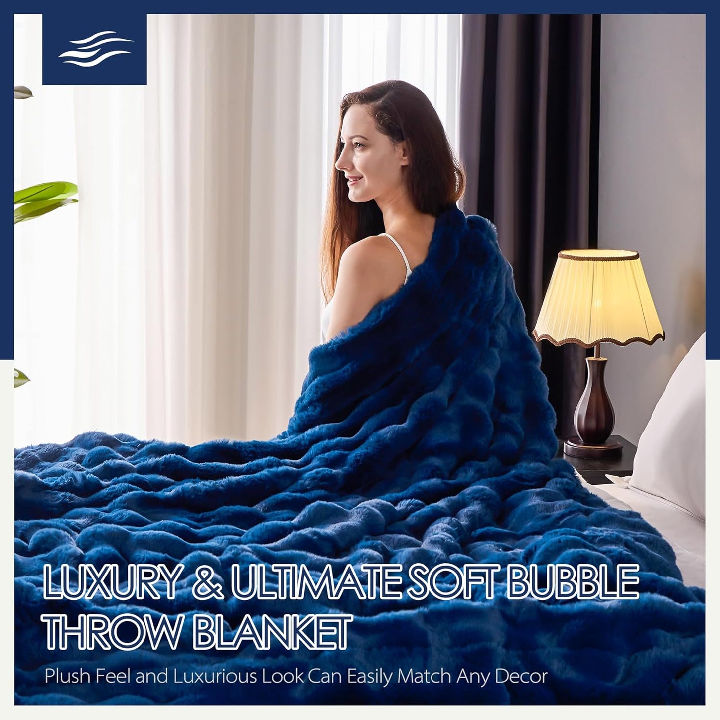 Luxury 1000GSM Faux Rabbit Fur Throw Blanket, Super Heavy Warm Cozy Blankets for Couch Bed Sofa, Bubble Plush Fuzzy Elegant Soft Reversible Mink Blanket for Living Room Bedroom, Navy Blue
