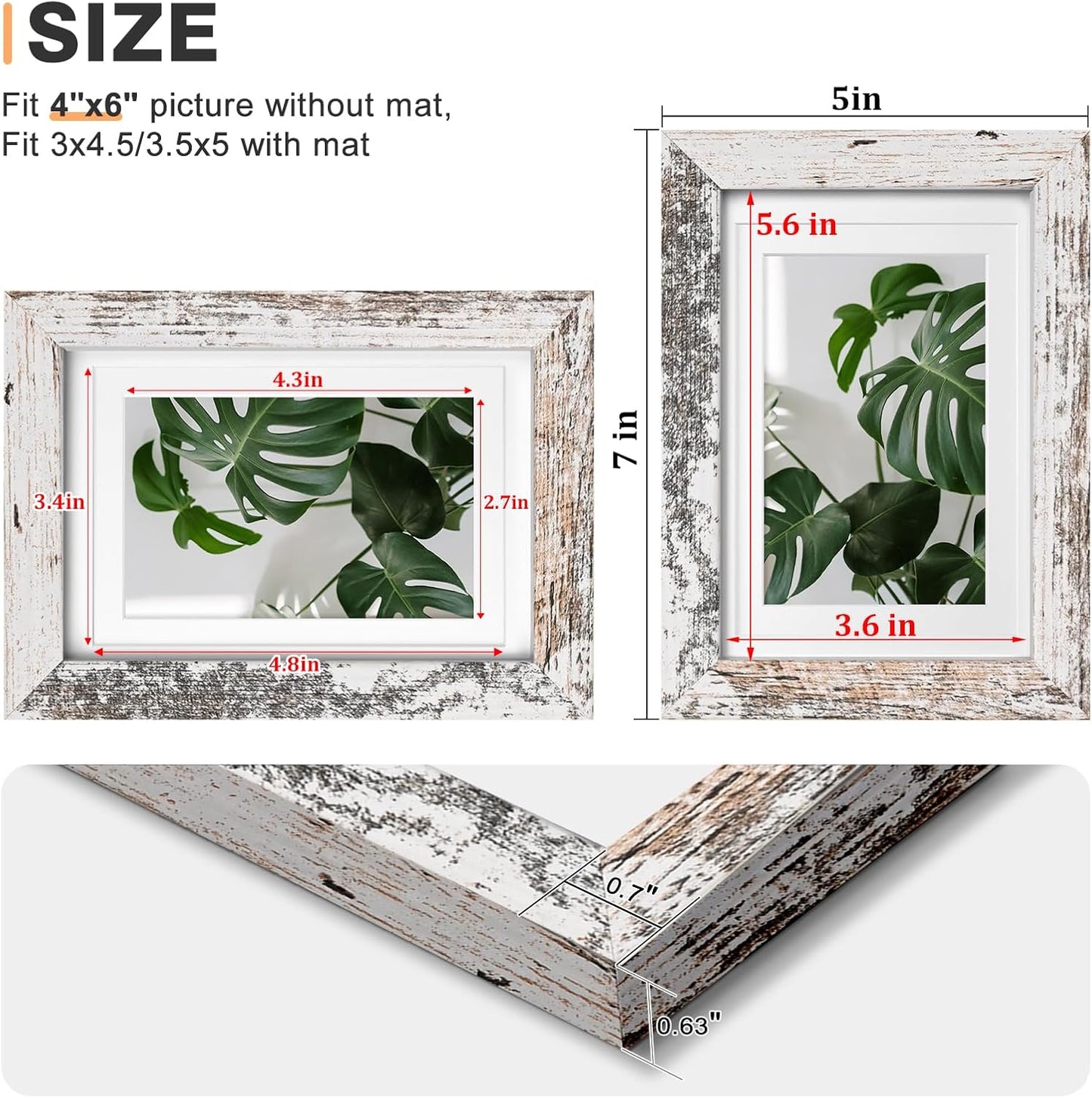 Egofine 4x6 Picture Frames Set of 4, Made of Solid Wood Covered by Plexiglass 3.5x5 with Mat or 4x6 without Mat, for Table Top Display and Wall Mounting Photo Frame Rustic White