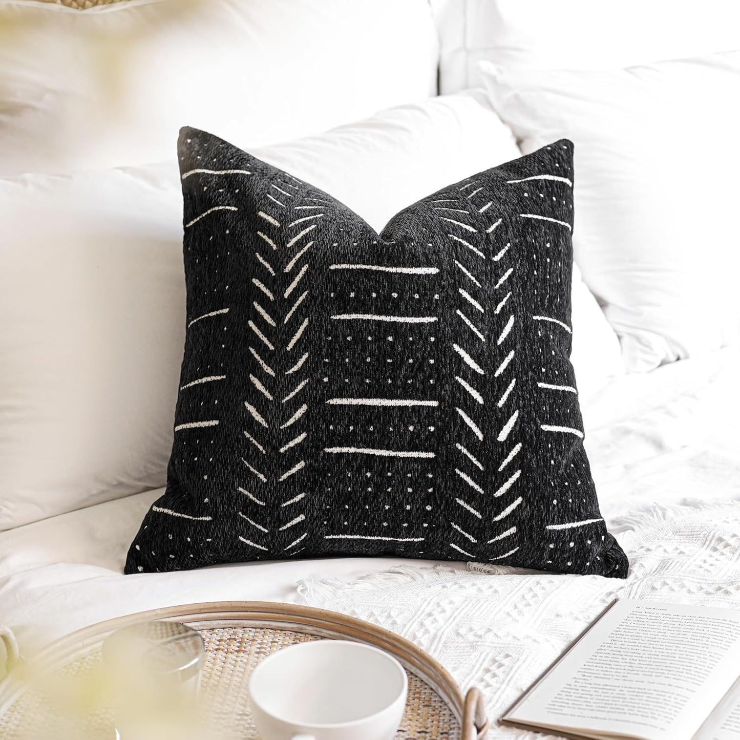 BlissBlush Black Decorative Throw Pillow Covers 20X20, Set of 2, Boho Farmhouse Cushion Cover, Cozy Soft Accent Pillowcase for Couch Sofa Bed Living Room Home Décor