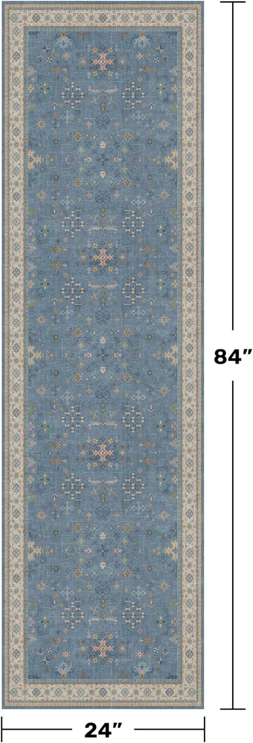 Light Blue 2x7 Washable Kitchen Runner - Boho Non Slip Runner Rug for Hallway, Bedroom Beside Bed,Entryway, Low Pile Floral Eclectic Unique Runner Décor