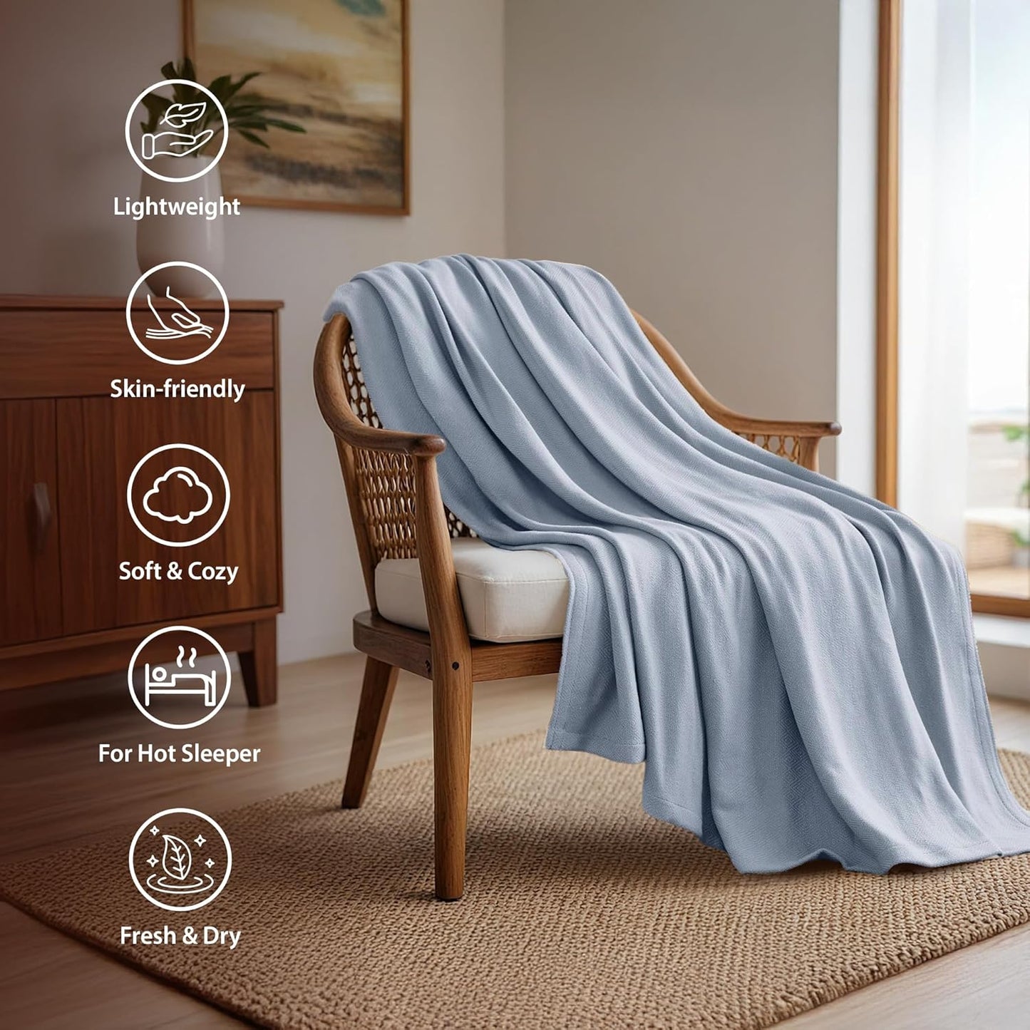 King Size Blanket, 70% Rayon (Derived from Bamboo) and 30% Cotton, Lightweight Jacquard Weave, Breathable and Soft Summer Blanket for Bed or Couch, 108” x 90”, Light Blue