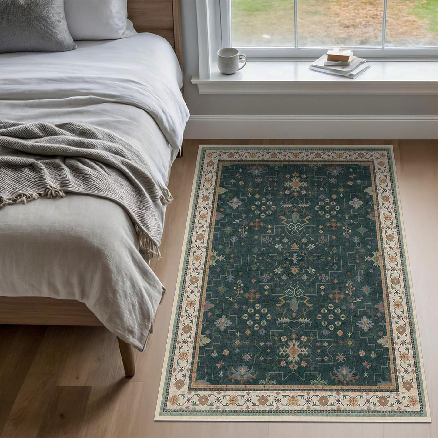 Dark Green Oushak 3x5 Large Entryway Rug - Modern Vintage Boho Eclectic Floral Pastel, Washable Low Pile Non-Slip Area Rugs for Door Mat Indoor Entrance, Kitchen, Bedroom Beside Bed, Laundry