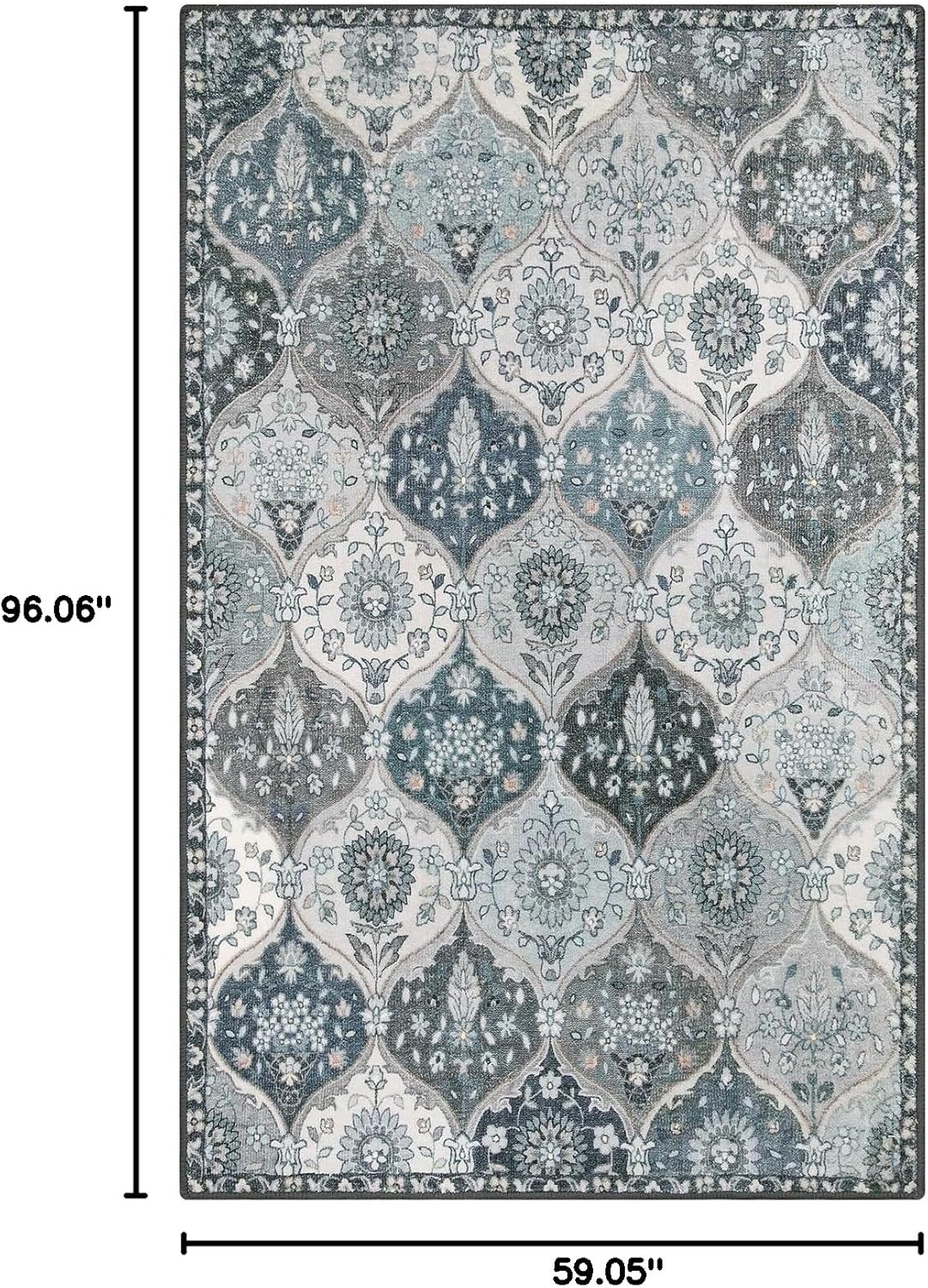 Lahome Moroccan Washable Living Room Rug, 5x8 Rugs for Bedroom Dining Room, Soft Non-Slip Non Shedding Boho Distressed Throw Carpet for Nursery Office, Blue