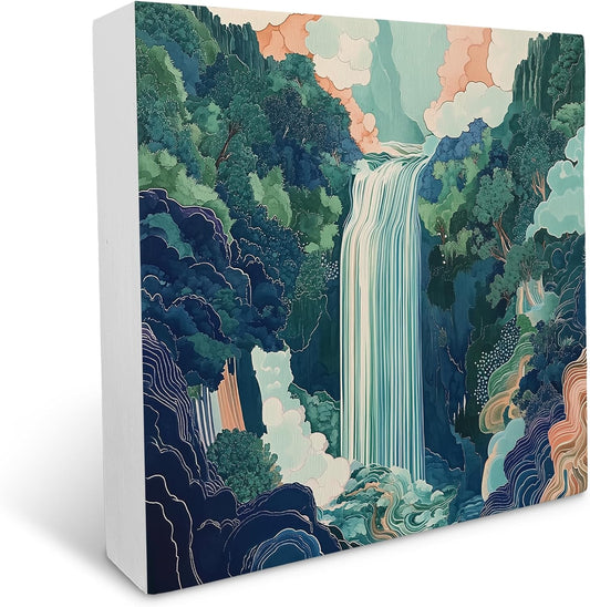 Ku-Dayi Blue and Green Waterfall Abstract Wooden Box Sign, Mountain River Forest Wood Box Decorations for Home Office, Nature Japanese Forest Landscape Wooden Block Plaque Desk Shelf Decor 5x5 Inch