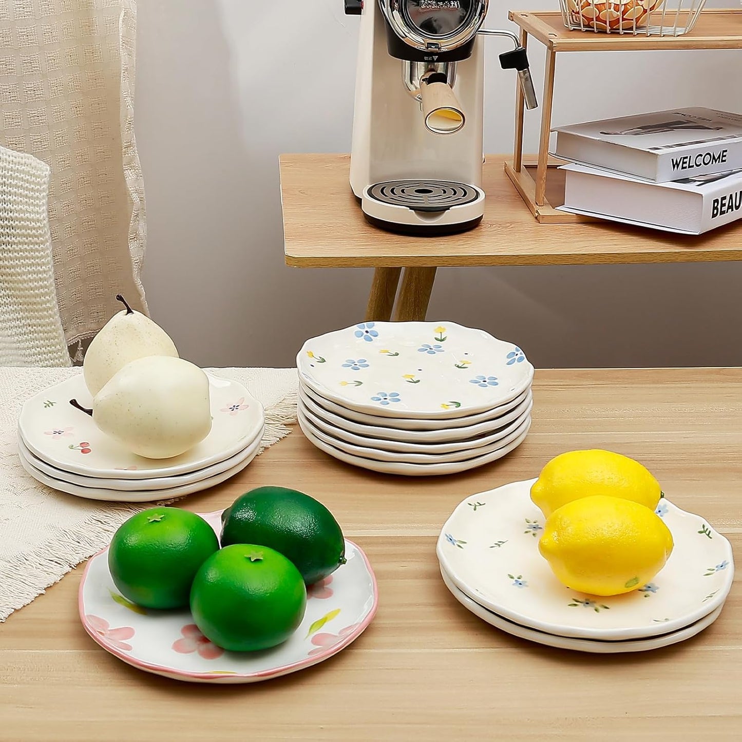 Koythin Ceramic Dessert Plates, Cute Fruits Dinner Plate, Creative Plates Design, Printed Flowers Dinnerware for Office and Home, Kitchen Plates for Desserts (Yellow Tulip Blue Flowers)