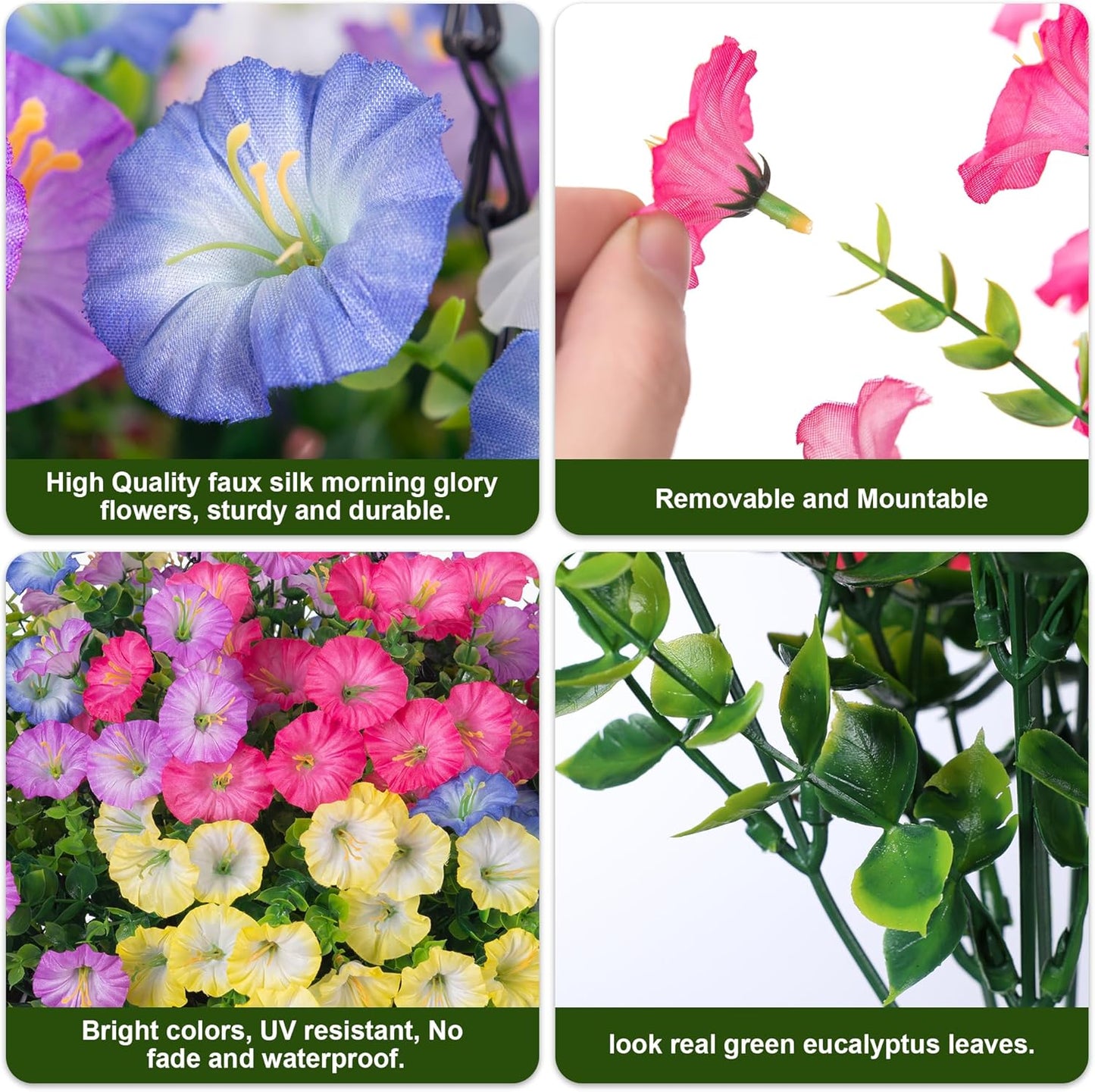 HyeFlora Artificial Flowers for Outdoors Fake Plants Outside Decoration, 12 Bundles Silk Colorful Morning Glory with Eucalyptus UV Resistant Realistic Faux Flowers for Planter Porch Patio Yard Indoor