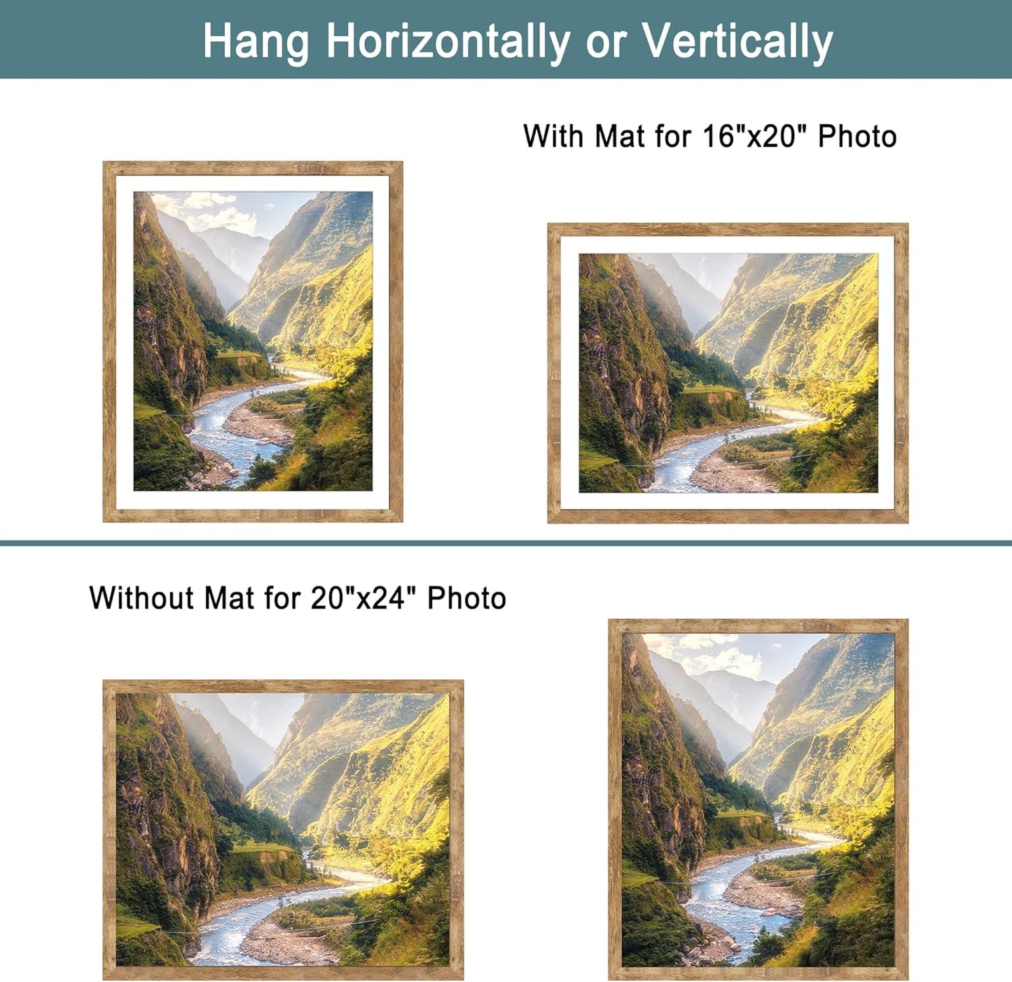 iRahmen 20x24 Picture Frame Set of 2 with Plexiglass, Wood Brown Rustic Poster Frame for Wall Mounting Display 16x20 Picture with Mat or 20 x 24 Without Mat