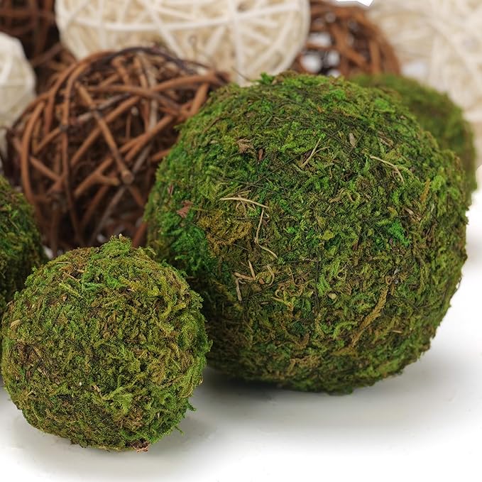 18Pcs Decorative Balls for Centerpiece Bowl - 6Pcs Fake Moss Balls + 12Pcs Rattan Wicker Balls, Artificial Moss Decorative Balls Vase Fillers for Home Garden Wedding Party Decor (Rustic)