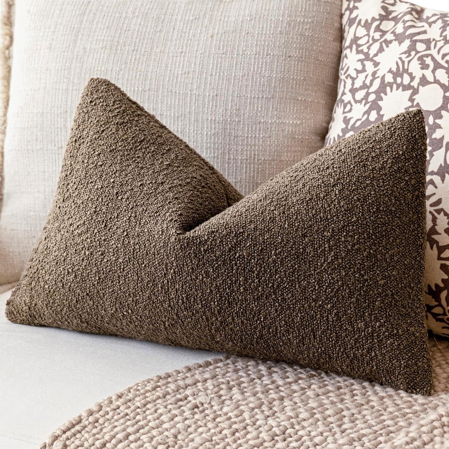 Foindtower Decorative Textured Boucle Throw Pillow Covers Accent Solid Lumbar Pillow Cases Neutral Soft Cozy Couch Cushion Case for Chair Sofa Bedroom Living Room Home Decor 12x20 Inch,1PC,Light Brown