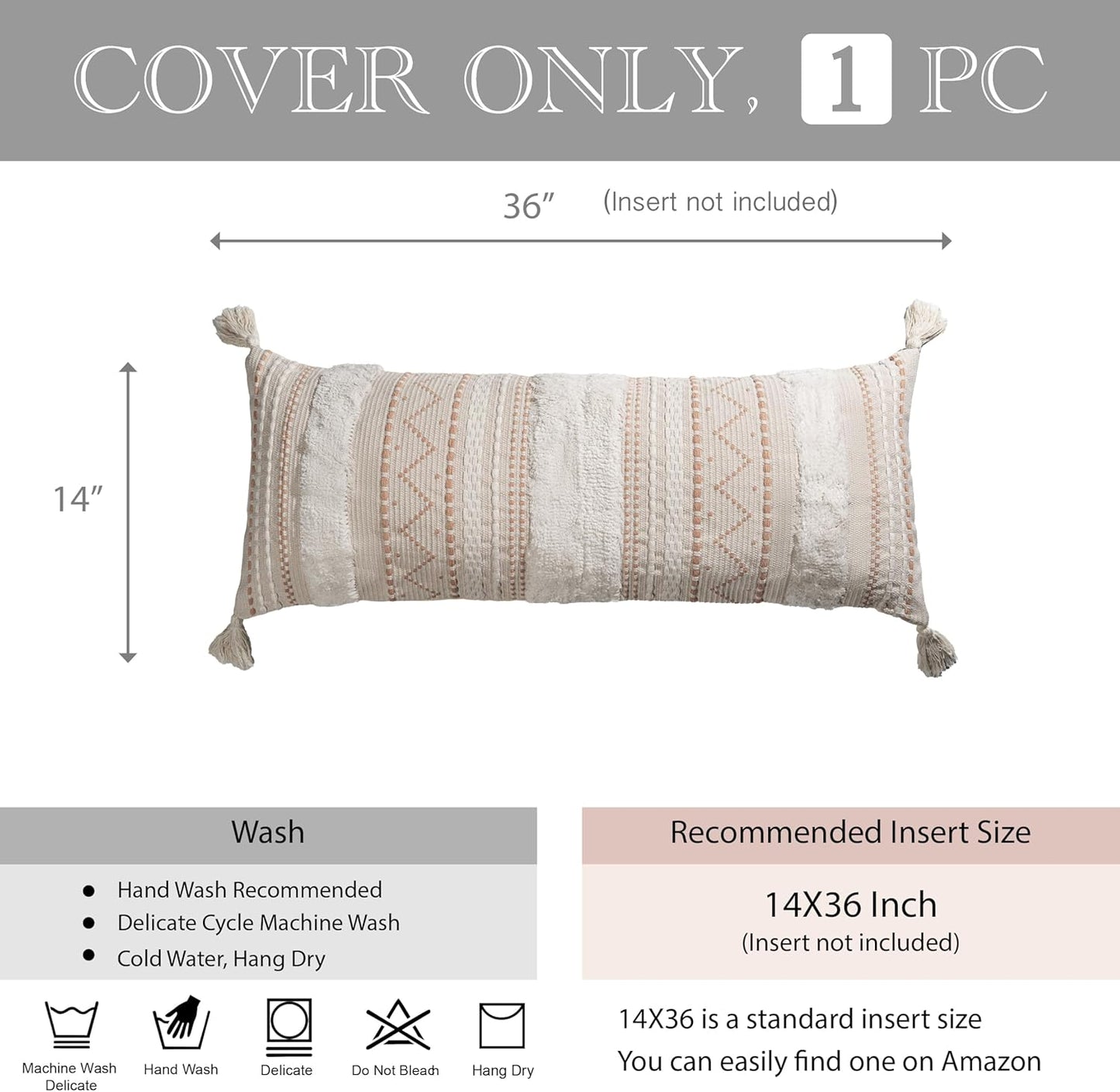 BlissBlush Cream Decorative Lumbar Throw Pillow Cover 14x36 Boho Long Cushion for Bed Neutral Accent Farmhouse Pillowcase for Bedroom Living Room Couch Sofa Home Décor (Cover ONLY, Pack of 1)