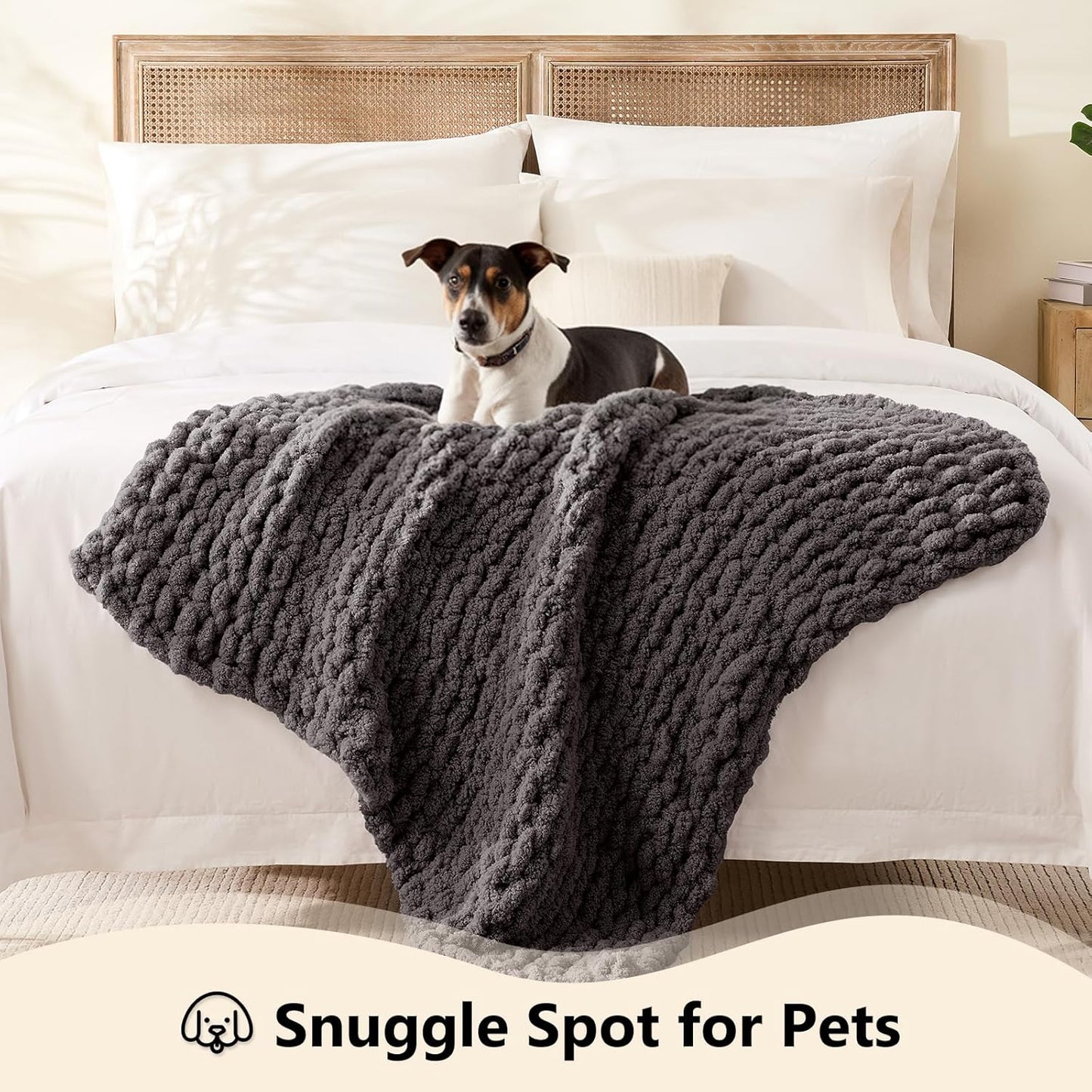 L'AGRATY Chunky Knit Blanket Throw - Soft Throw Blanket 40x50: 100% Hand Kintted Chenile Crochet Throw Blanket for Couch - Large Cable Knit Blanket for Home Decor (Dark Grey)