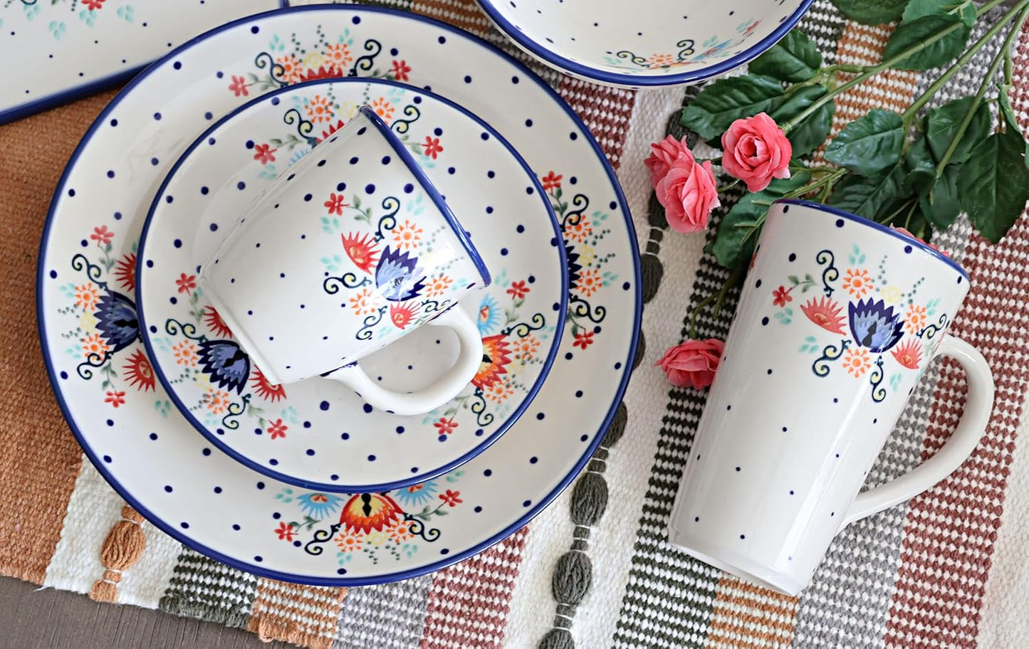 Blue Rose Polish Pottery - Red Desert Flower Dessert Plate - 7" Diameter - Beautiful Plate for Cake, Appetizers, or Snacks