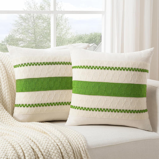Fancy Homi Set of 2 Boho Lime Green Decorative Throw Pillow Cover 16x16 Inch for Couch Bed Sofa, Aesthetic Modern Organic Farmhouse Home Decor, Soft Cotton Cute Accent Macrame Woven Cushion Case