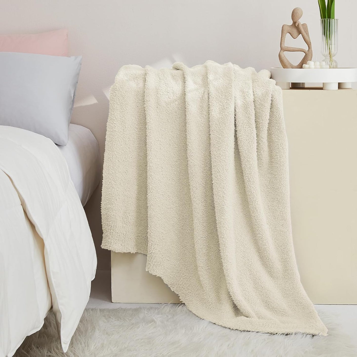 CYMULA Super Soft Twin Size Beige Knit Throw Blanket - Lightweight Plush Fuzzy Fluffy Warm Cozy Blankets and Throws for Sofa Bed All Season Use, 60x80 inches