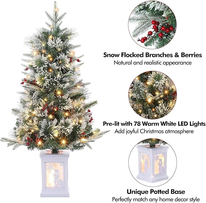 3 Ft Pre-Lit Christmas Tree, Artificial Christmas Trees with Lighting, Xmas Trees with 78 Led Lights, Christmas Decoration for Home, Office, Easy Assembly