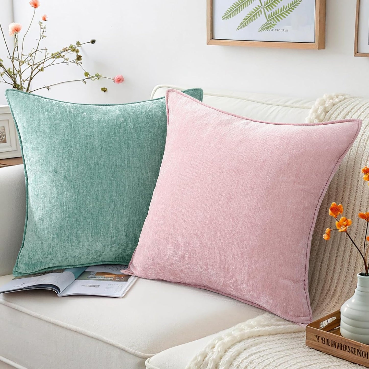 decorUhome Couch Throw Pillow Covers 24x24 Set of 2, Decorative Soft Euro Neutral Chenille Pillow Covers with Elegant Design for Sofa Bed Living Room Home Decor, Blush Pink