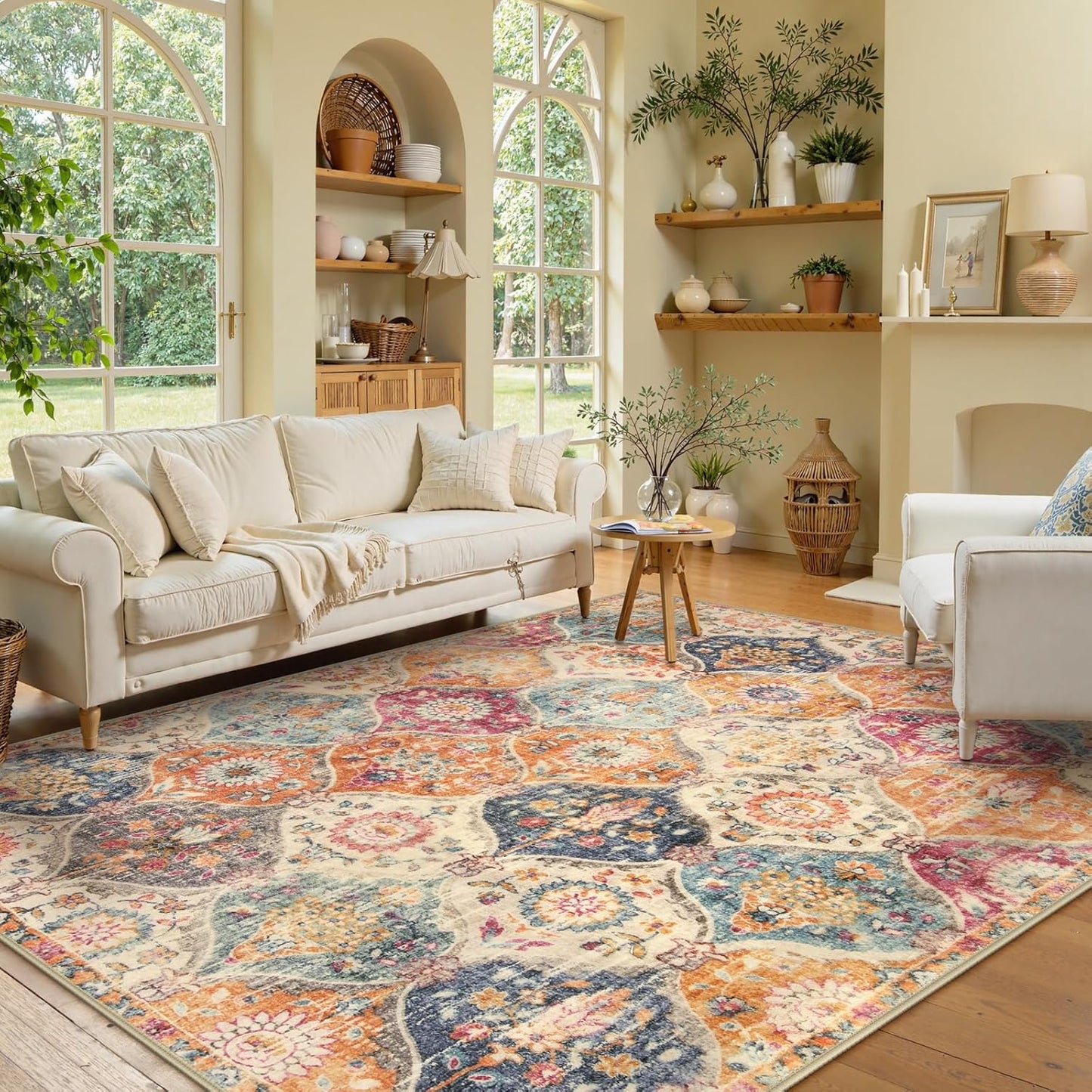 Lahome Moroccan Trellis Washable Area Rugs 5x7, 5x7 Area Rugs for Living Room Bedroom, Indoor Non-Slip Large Oriental Accent Throw Carpet for Kitchen Entryway Bathroom Office, Cream/Multi