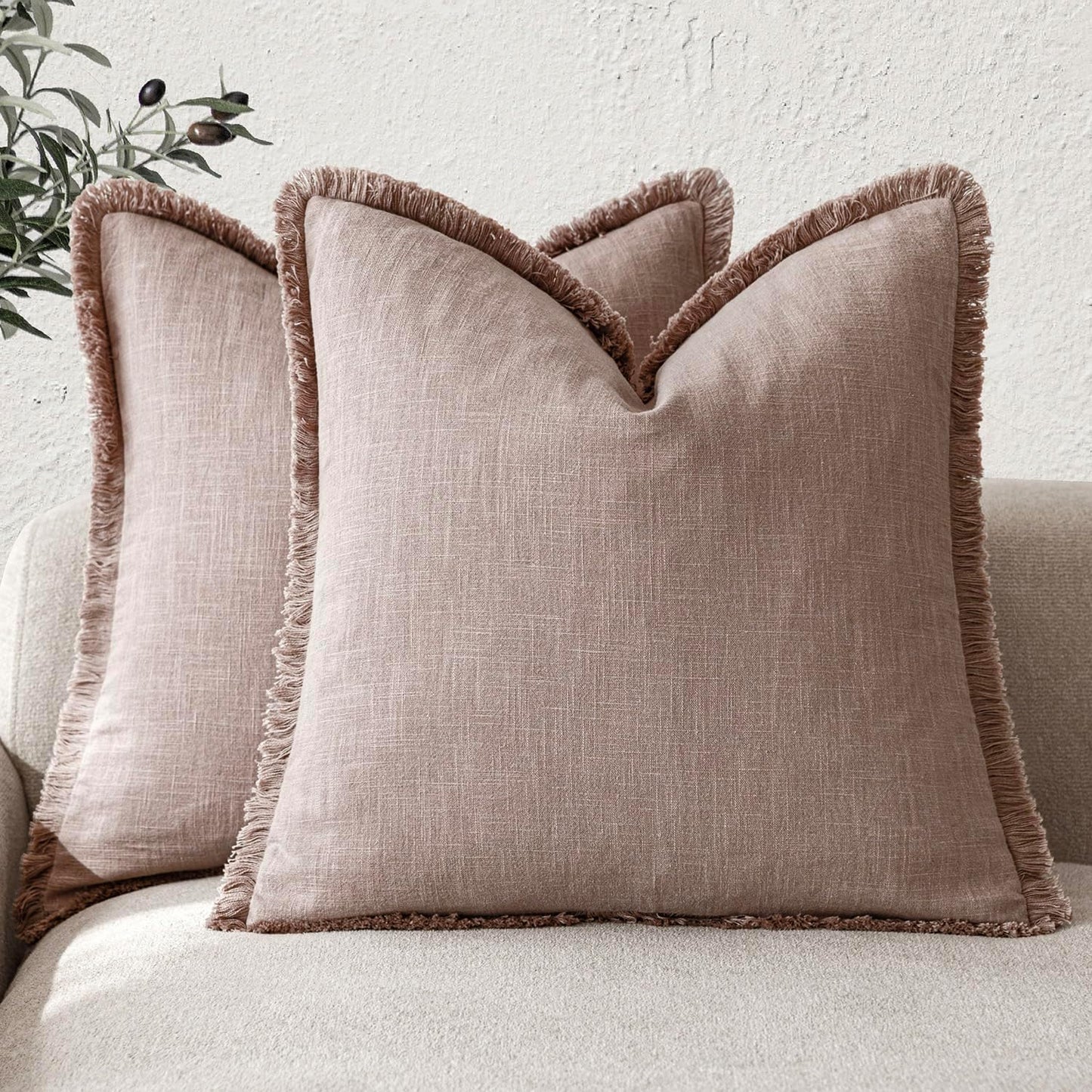 Foindtower Set of 2 Decorative Linen Fringe Throw Pillow Covers Boho Farmhouse Cushion Cover with Tassels Soft Accent Pillowcase for Couch Sofa Bed Living Room Home Decor,24×24 Inch,Dusty Pink