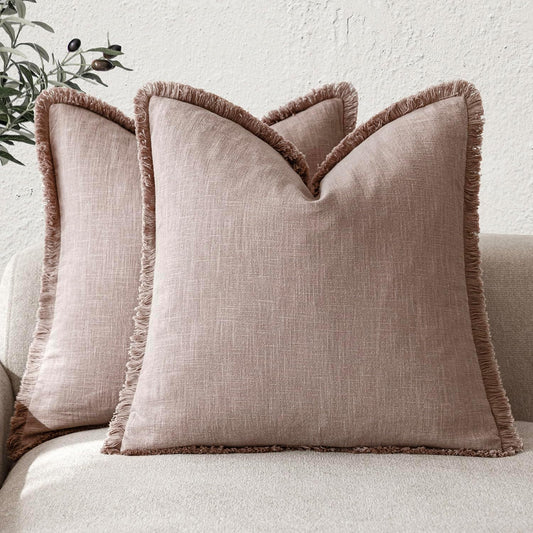 Foindtower Set of 2 Decorative Linen Fringe Throw Pillow Covers Boho Farmhouse Cushion Cover with Tassels Soft Accent Pillowcase for Couch Sofa Bed Living Room Home Decor,18×18 Inch,Dusty Pink