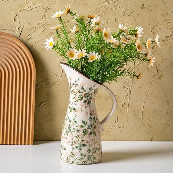 Vintage Ceramic Pitcher Vase with Handle, Farmhouse Green and Beige Large Floral Vases, Chinoiserie Decorative Vase, Rustic Table Centerpiece for Home Decor Living Room, Bookshelf, Office 10.5 Inch