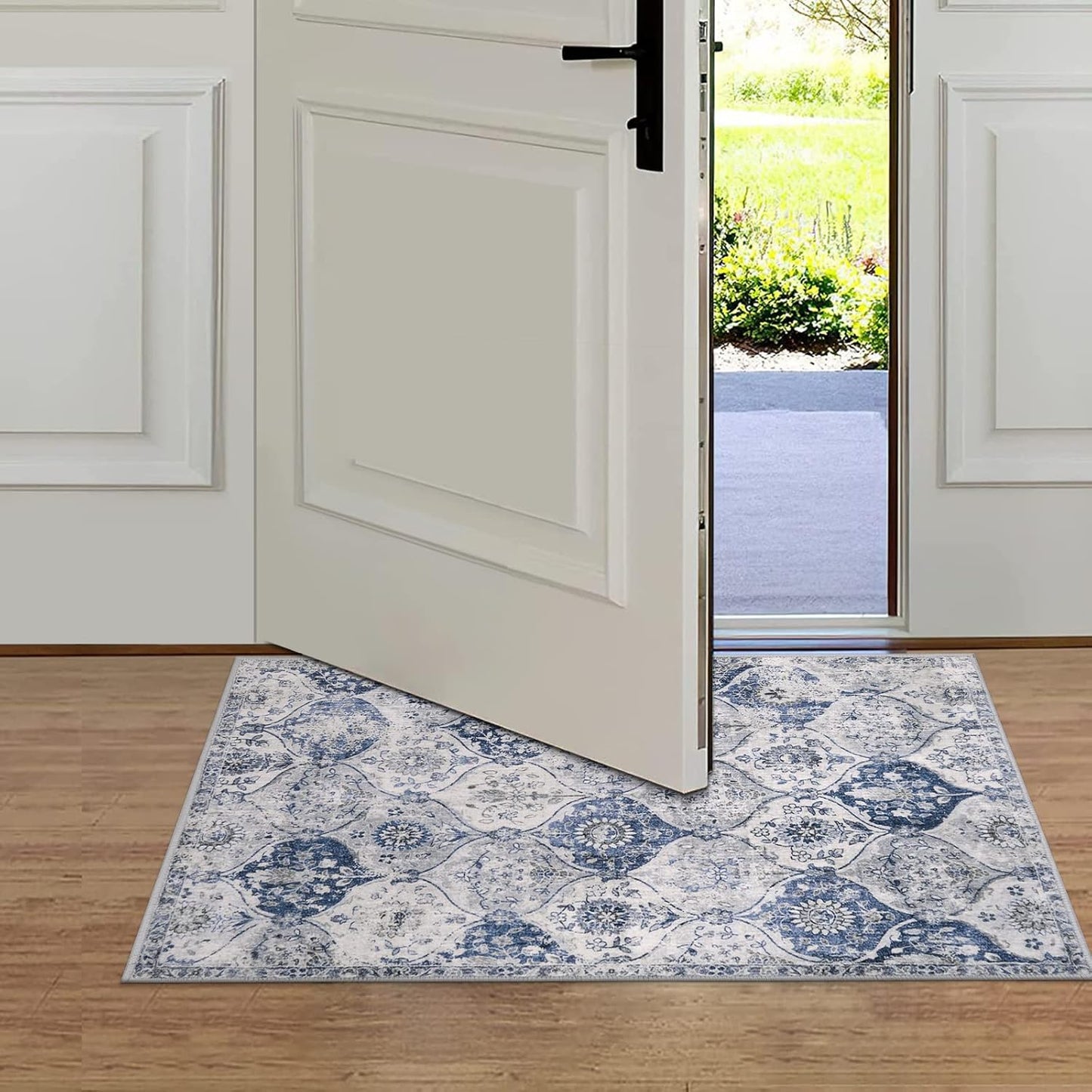 Lahome Moroccan Trellis Washable Rug, 2x3 Kitchen Rugs for Entryway Bathroom, Non-Slip Indoor Door Mat Ultra-Thin, Small Oriental Throw Carpet for Bedroom Entry, White/Royal Blue
